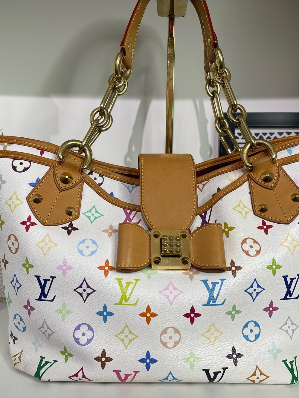 Louis Vuitton White Multicolor Monogram Canvas Tote with Tan Trim
